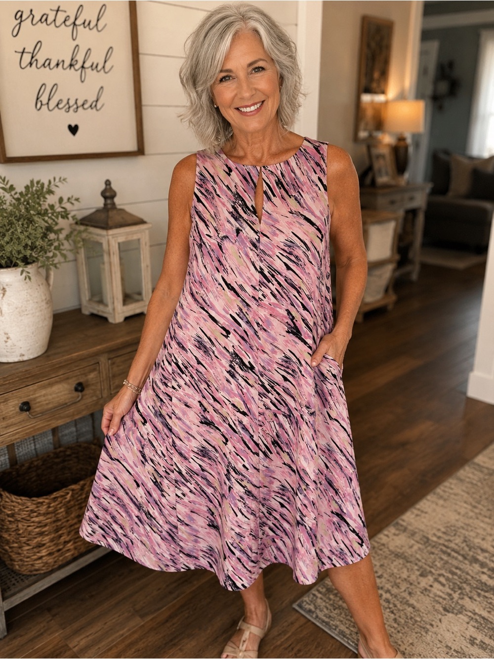 Sleeveless Pink Print A-Line Dress with Keyhole